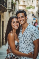 Poster - A man and a woman share a tender moment as they hug on a city street