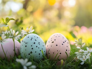 Poster - A group of eggs sitting on a lush green grassy area, perfect for nature or farm-themed imagery