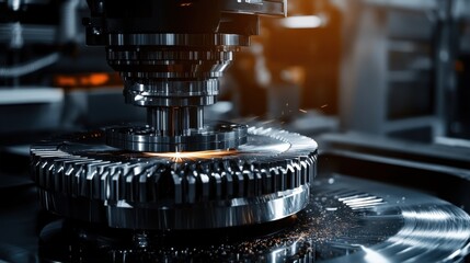 Poster - A state-of-the-art CNC machining center cutting precise metal parts in an industrial factory