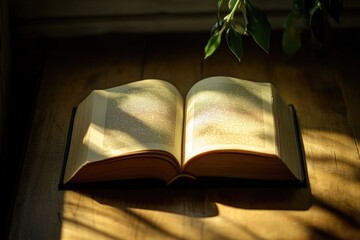 Poster - A book sits on a wooden table with its pages spread open