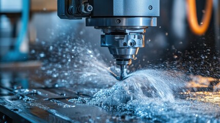 Poster - A state-of-the-art CNC machining center cutting precise metal parts in an industrial factory