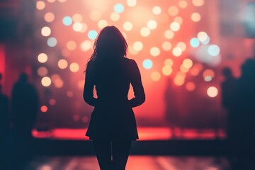 Poster - A woman stands in front of a stage lit up by bright lights, ready to perform