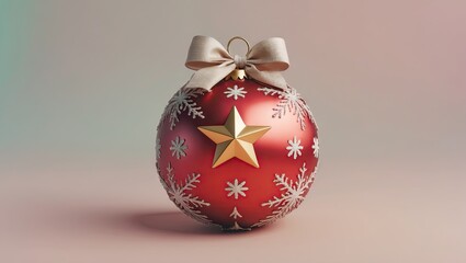 Aufkleber - Red Christmas ball adorned with a gold star and silver snowflakes, featuring a cream bow, centered against a soft pastel background.