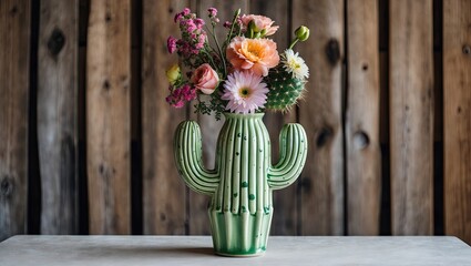 Aufkleber - Chic green cactus-shaped ceramic vase filled with colorful flowers on a light wooden table against a rustic brown wooden backdrop.