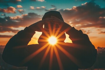 Poster - A person taking a photo of the sun with a camera, capturing its warm rays