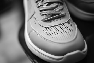 Poster - A detailed view of a pair of shoes on a flat surface, ideal for use in product displays or promotional materials