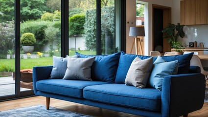 Aufkleber - Modern blue sofa with soft cushions positioned centrally in a bright living room, large glass windows showcasing lush garden views outside.