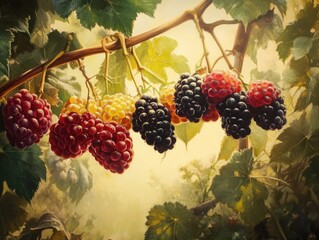 Poster - A cluster of ripe grapes hangs from a lush vine, ideal for photography or design projects