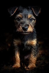 Poster - A small black and brown dog sitting on the ground, perfect for pet-related or outdoor-themed projects