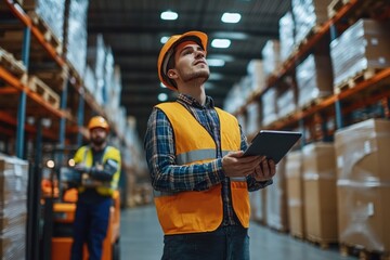 Poster - A person holds a tablet in a warehouse setting