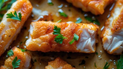 Poster - Close-up of golden crispy fish sticks garnished with fresh parsley on a warm plate with a blurred background ideal for text placement.