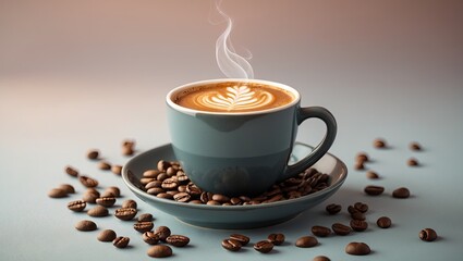 Poster - Steaming cup of coffee in gray ceramic on light blue plate surrounded by coffee beans against soft pastel background in warm tones