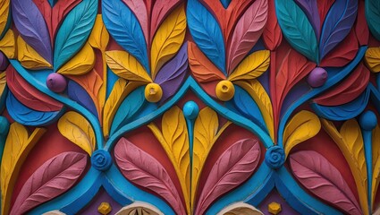Poster - Vibrant wall decoration featuring intricate relief pattern in shades of red, yellow, blue, green and purple showcasing stylized leaves and berries.