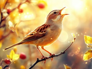 Poster - A bird sits peacefully on the top of a tree branch, surrounded by lush greenery