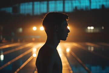 Poster - A person standing near a swimming pool under evening lights