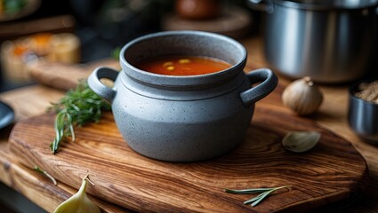 Poster - Close-up of a rustic gray pot with soup on a wooden cutting board surrounded by herbs and vegetables in a warm kitchen setting.