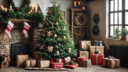 Poster - Rustic Christmas tree adorned with wooden decorations and wrapped gifts in a cozy loft setting featuring stone fireplace and warm candlelight