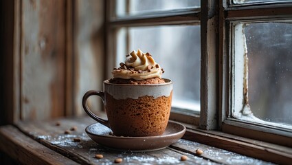 Poster - Brown mug cake topped with creamy frosting sits on a saucer by a rustic wooden window with natural light illuminating the scene.