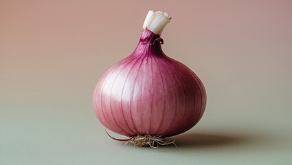 Poster - Close-up of a vibrant red onion centered against a soft pastel gradient background showcasing delicate layers and root details.