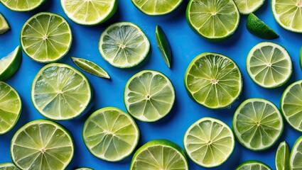 Aufkleber - Lime slices arranged in a colorful pattern on a vibrant blue background. Flat lay composition with ample copy space for text or design.