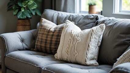 Poster - Cozy plush pillows in neutral tones on a gray tufted sofa with natural light streaming through large windows enhancing a warm living room ambiance