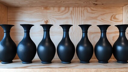 Poster - Row of eight elegant black vases with flared necks positioned on a natural wood plywood shelf showcasing minimalist design and symmetry.