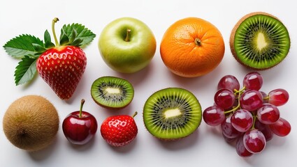 Poster - Colorful arrangement of fresh fruits including strawberries, kiwis, apples, oranges, and grapes on a white background showcasing vibrant colors and textures.