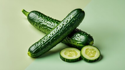 Poster - Fresh green cucumbers positioned diagonally on a split pastel green background with sliced cucumber rounds in the foreground, showcasing natural food aesthetics.