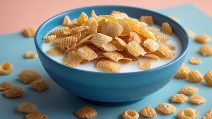 Aufkleber - Crispy cereal flakes topped with milk in a deep blue bowl on a pastel orange and blue background with scattered flakes around the bowl.