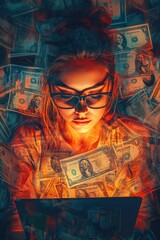Aufkleber - A woman sits at her desk with a laptop, surrounded by stacks of cash and bills