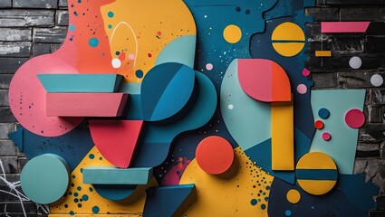 Leinwandbilder - Colorful abstract geometric shapes in vibrant hues of red, blue, yellow, and green arranged on a textured black wall background creating depth.