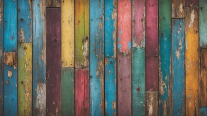 Poster - Colorful weathered wooden wall featuring vertical planks in blue green yellow purple and red hues with distressed texture and rustic charm.