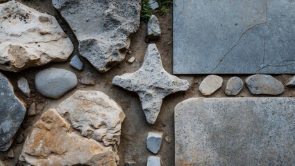 Poster - Textured stone floor with gray and beige stones interlocked in a unique pattern with pebbles, viewed from a top-down perspective.