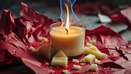 Poster - Soy candle with flame on crumpled red paper surrounded by wax fragments in warm tones of yellow and red creating a cozy atmosphere.