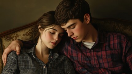 Poster - A man and a woman sitting together on a couch, possibly in a living room