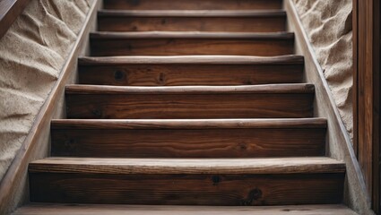 Poster - Close-up view of rustic wooden stair steps showcasing rich brown tones with textured stone walls flanking them, creating a warm inviting atmosphere.