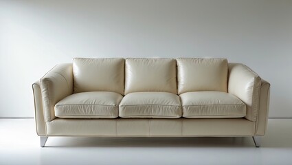 Aufkleber - Contemporary cream leather sofa with three plush cushions centered against a soft white background showcasing modern interior design aesthetics