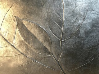 Poster - Close-up of a metal plate with a single leaf attached, suitable for use in nature-inspired designs