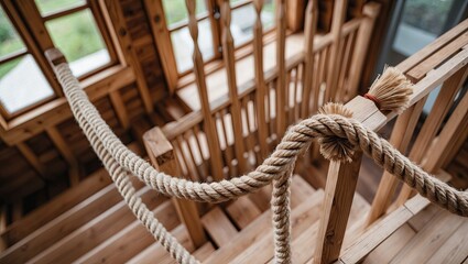 Aufkleber - Rustic wooden staircase with ropes as railing showcasing natural wood tones and soft lighting from large windows enhancing the cozy atmosphere.