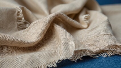 Poster - Textured beige fabric draped elegantly on a deep blue surface with soft folds and frayed edges, capturing a cozy and warm aesthetic.