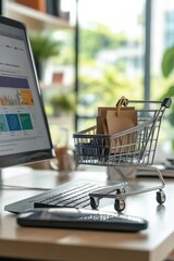 Poster - A shopping cart sitting next to a computer, perfect for office or workspace scenes