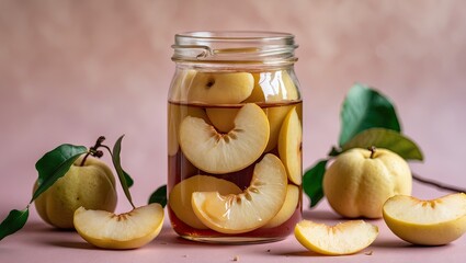Poster - Sliced Japanese quince in syrup jar on pastel pink background with whole fruit and green leaves arranged thoughtfully for a fresh look.