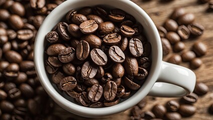 Poster - Warm brown coffee cup filled with roasted coffee beans top view on wooden surface with scattered beans in background enhancing the natural feel.