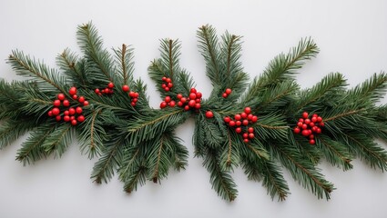 Poster - Festive flat lay of lush green conifer garland accented with vibrant red berries on a clean white background, ideal for holiday designs.