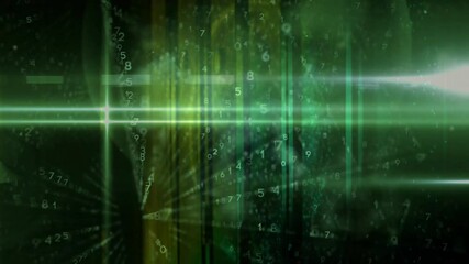 Poster - Animation of green digital data and numbers flowing over technological background