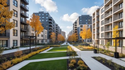 Poster - Modern urban residential area with contemporary buildings, vibrant autumn foliage, pathways flanked by lush green grass, blue sky with fluffy clouds.