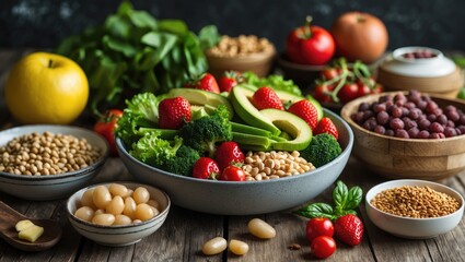Aufkleber - Vibrant assortment of fresh produce in bowls and on a wooden table with greens, berries, nuts, and grains, evoking heart health and nutrition.