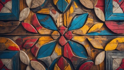 Aufkleber - Colorful wooden wall decoration displaying vibrant hues of red, blue, and yellow with intricate floral patterns in a symmetrical layout.