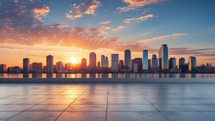 Poster - Stunning sunset cityscape skyline with vibrant orange and blue hues reflecting on an empty floor, ideal for text placement and design.