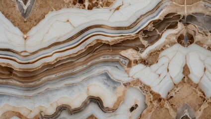 Aufkleber - Elegant layered agate stone with natural earthy tones of brown, beige, and white displaying intricate patterns and smooth textures, close-up view